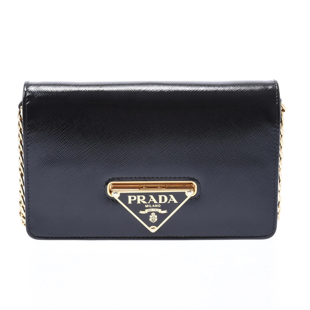 PRADA Chain Shoulder Bag Black Saffiano Vernis